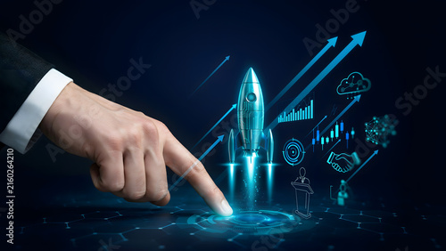 Business Startup Launch Concept With Rocket Icon, Innovation, Technology and Digital Growth Visualization