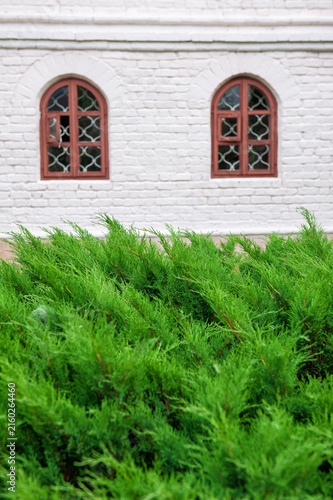 White brick architecture with arched windows