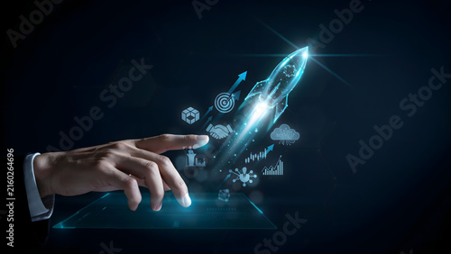 Business Startup Launch Concept With Rocket Icon, Innovation, Technology and Digital Growth Visualization