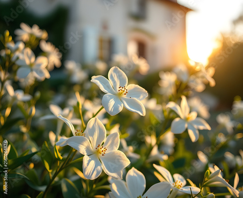 Petites fleurs blanches étoilées devant une maison de campagne au coucher de soleil, créant une scène champêtre paisible et lumineuse en fin de journée