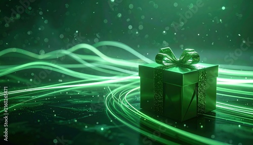 Holiday gift surrounded by soft green financial light trails, minimalist prosperity concept