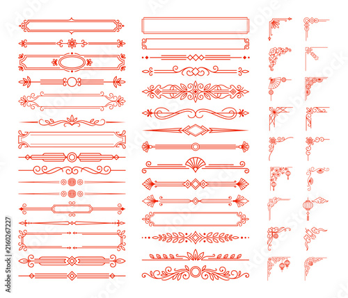 Asian style decorative line dividers and corner frames set for oriental graphic layouts.