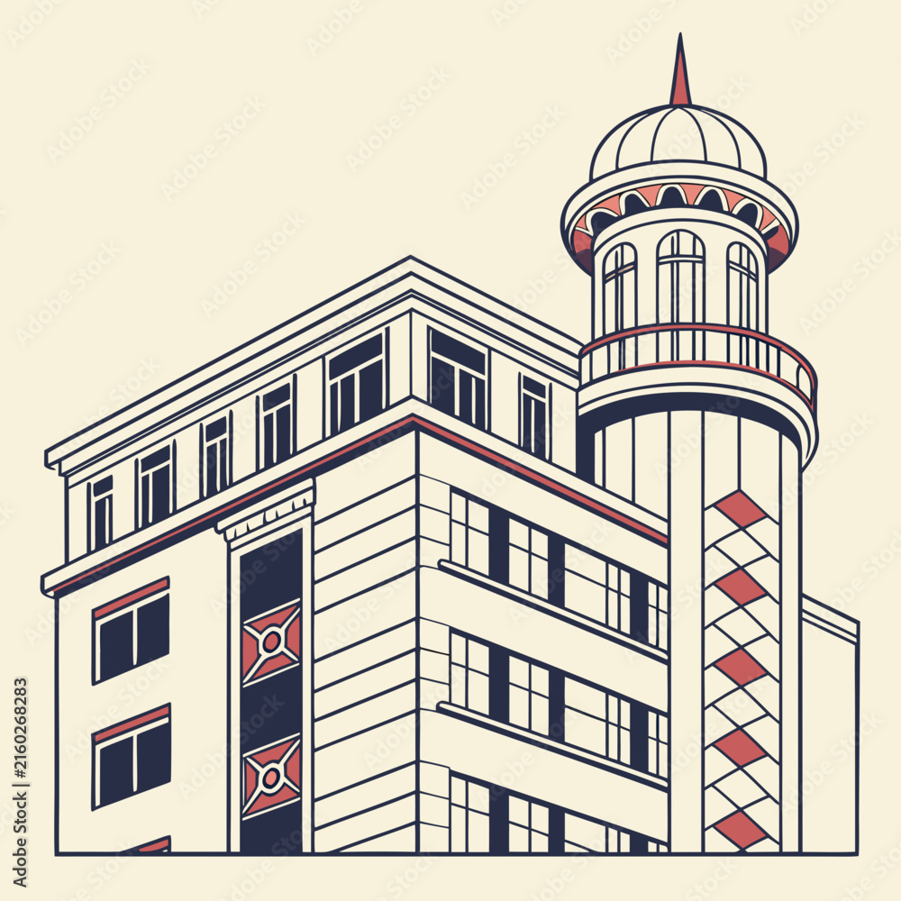 Obraz premium Art deco style historic building facade with corner tower and decorative diamond panels