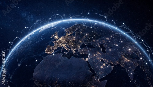 Global digital network connecting Earth illuminated by city lights and satellite data flow at night