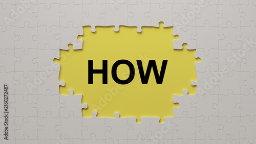 Obraz na płótnie The word HOW written on a bright yellow background, surrounded by incomplete whi