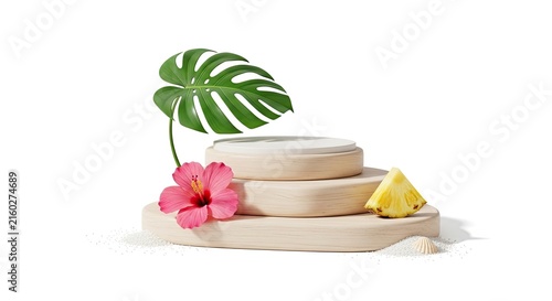 A light-colored wooden pedestal displays a stack of three round platforms. A pink hibiscus flower and a pineapple are placed on the sand-covered base.