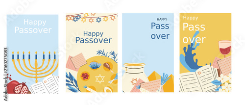 Happy Passover cards set in minimalist cartoon flat style. Jewish holiday poster set of Exodus of Egypt. Matzah, seder plate with food, waves and other elements.