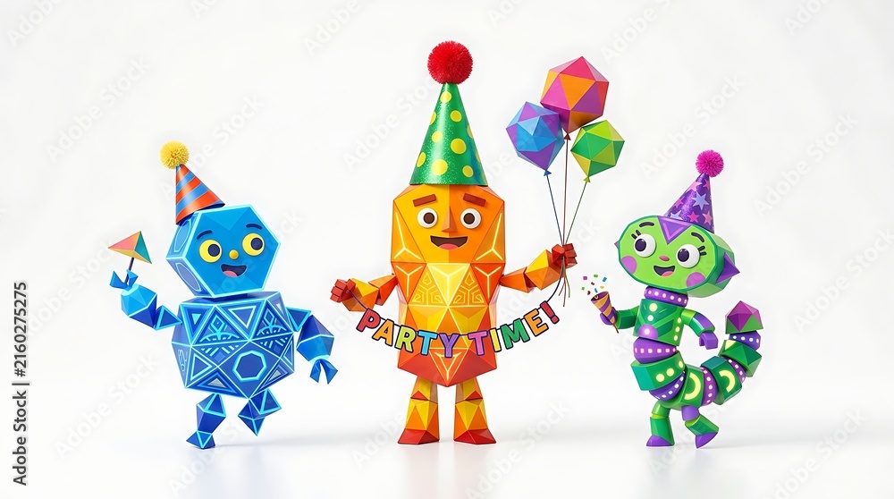 Naklejka premium Three colorful geometric paper craft robots wearing party hats and holding balloons on a white background