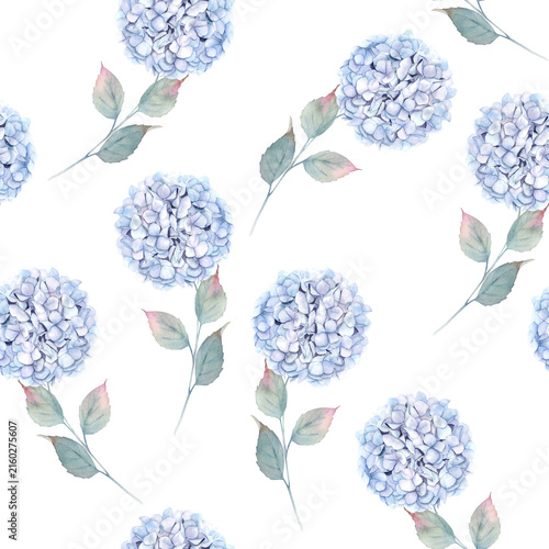 Floral print with blue hydrangea. Watercolor seamless pattern. Hand drawn  illustration on white background