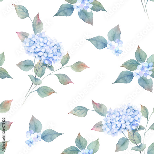 Floral print with blue hydrangea. Watercolor seamless pattern. Hand drawn  illustration on white background