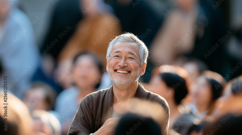 Fototapeta premium Happy Elderly Japanese Man Participating Joyfully in the Traditional Jidai Matsuri Festival