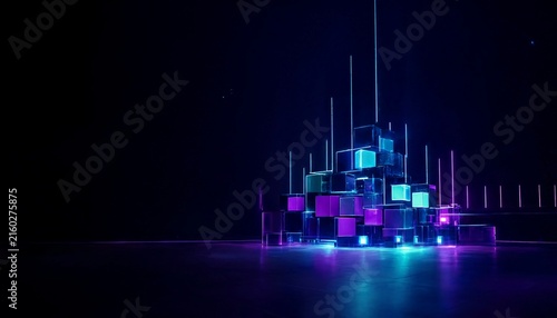 Futuristic Digital Data Cubes with Neon Blue and Purple Light