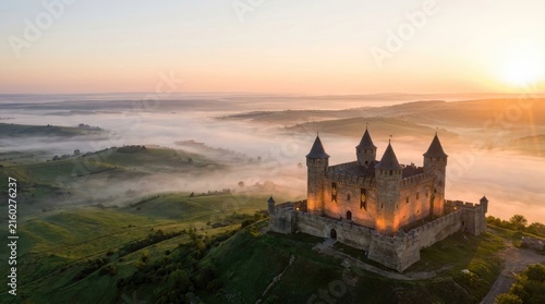A majestic medieval castle rises dramatically from a grassy hilltop, partially shrouded in a thick layer of morning mist.