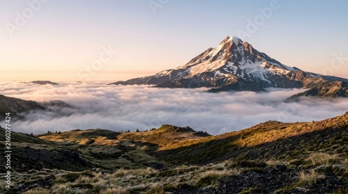 A majestic mountain rises above a sea of clouds, partially covered in snow. The foreground features a rugged, grassy landscape with dark volcanic rock and patches of green vegetation.
