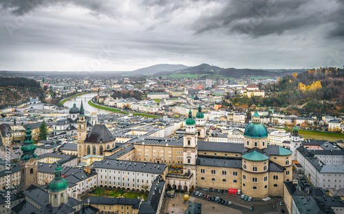 Panoramic View of Salzburg Historic Old Town and Salzach River, Austria
