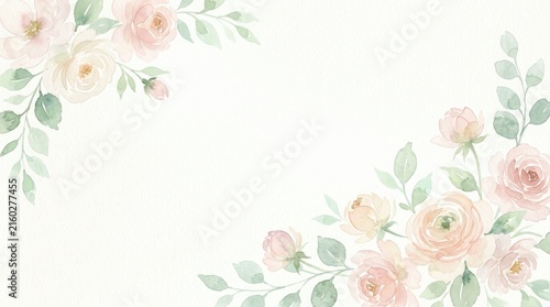 A watercolor floral design features a corner arrangement of delicate pink and peach roses and leaves on a light beige background. The style is soft and romantic, with a gentle, artistic feel.