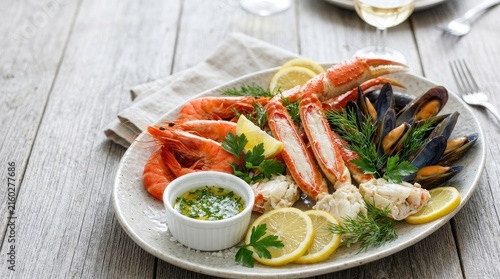 A large platter displays a generous assortment of fresh seafood. The platter contains cooked lobster claws, shrimp, mussels, and other shellfish.