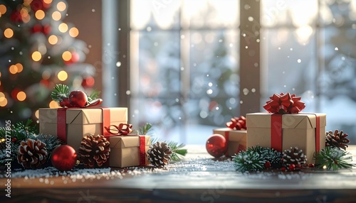 Corporate workspace with holiday decorations and wrapped gifts, softly blurred background, clean festive stock image
