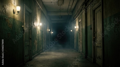 A long, dark hallway stretches into the distance, illuminated by a few flickering wall sconces. The walls are covered in peeling, aged green paint, revealing patches of crumbling plaster.