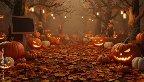 Autumn pumpkin path with glowing jack o lantern and leaf covered ground in eerie forest fog