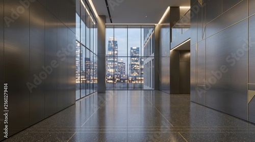 A long, modern hallway stretches into the distance, illuminated by the warm glow of city lights visible through expansive windows.