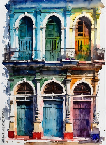 Colorful Watercolor Painting of Old Urban Building Facade