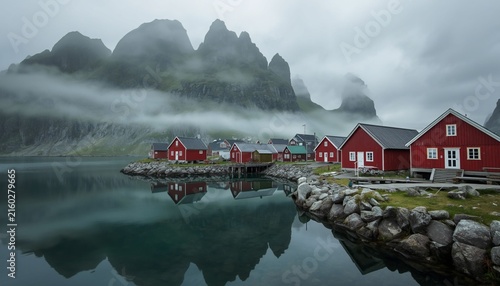 Traditional Red Fishing Cabins In Lofoten Islands Norway