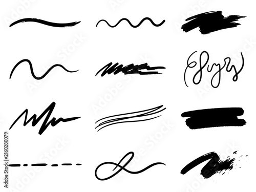 Black hand drawn brush strokes and decorative ink lines set for creative design artistic ornaments.