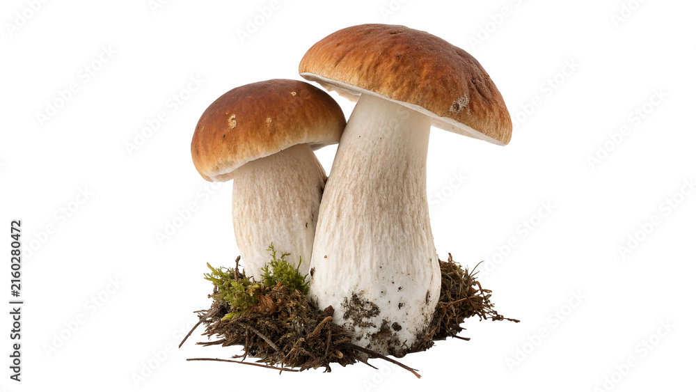 Fototapeta premium Two fresh raw edible porcini mushrooms forest harvest isolated on a white background
