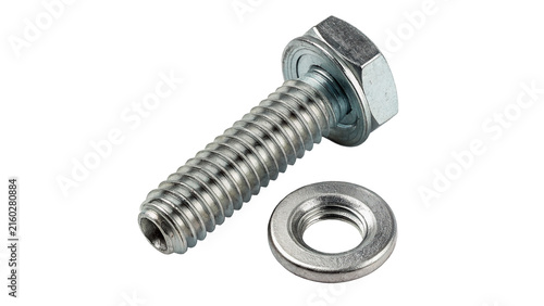 Photography Metal hex bolt screw with round flat washer hardware isolated on white backgroun