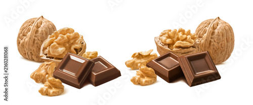 Walnut nut and chocolate bites isolated on white background. Real photography.
