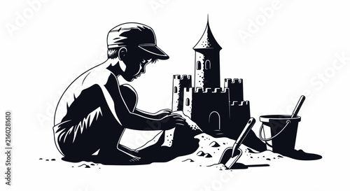 Sand castle building with happy child playing on beach. Vector illustration of kid creating sand castle with bucket and shovel. Summer vacation concept for travel poster, banner, and greeting card.