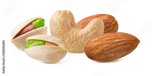 Cashew, open pistachio nuts, almond and peanut isolated on white background. Real photography