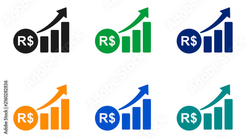 Brazilian Real Growth Icon Set with Bar Chart and Arrow. 