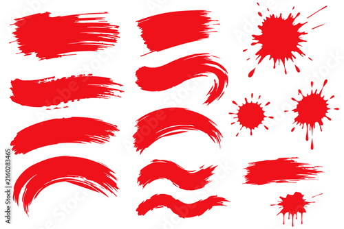 Dynamic red paint brush stroke set with swooshes and grunge ink splatters. Isolated vector illustration on white background.