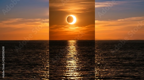 Solar eclipse over the ocean at sunset with a bright golden reflection on the water surface