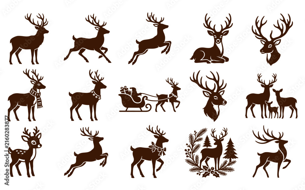Naklejka premium Collection of detailed brown reindeer illustrations with sleigh and winter foliage designs