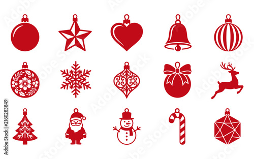 Collection of vibrant red christmas ornaments and winter holiday symbols on white background