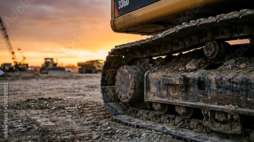 Closeup of heavy construction machinery tracks on a muddy site at sunset