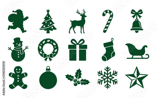 Collection of festive winter holiday icons including santa claus and christmas decorations