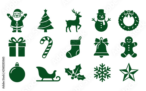 Collection of dark green christmas icons and symbols for seasonal celebrations
