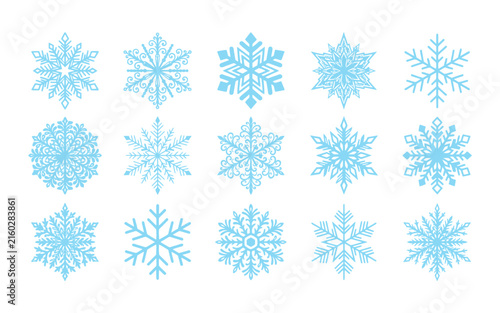 Collection of delicate blue snowflake illustrations in various intricate designs on white background