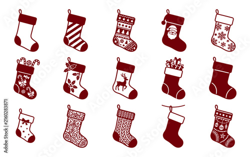 Collection of festive red christmas stockings with various winter holiday designs