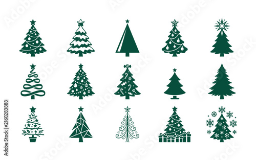 Collection of various green christmas tree designs and silhouettes for holiday celebrations