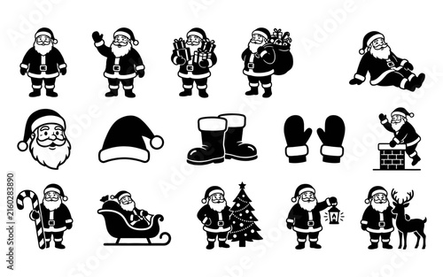 Collection of festive black and white santa claus illustrations and christmas elements