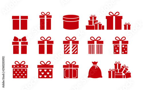 Collection of red gift boxes and holiday elements for festive celebrations and giving