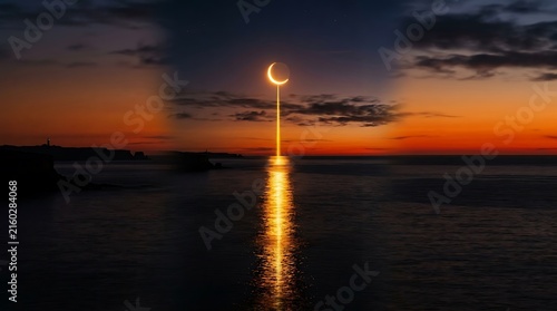 Crescent moon shining over the ocean at twilight with a vertical beam of light reflecting on the water