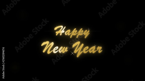Happy new year gold neon text animation with sparkling light effects on black background