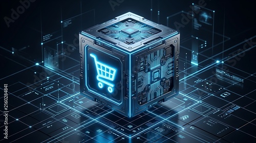 3d render of a futuristic digital cube featuring a glowing shopping cart icon, representing ecommerce technology, online retail, and digital marketplace infrastructure