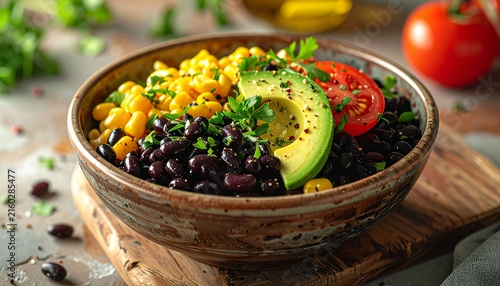 Healthy black bean and avocado bowl with fresh vegetables.